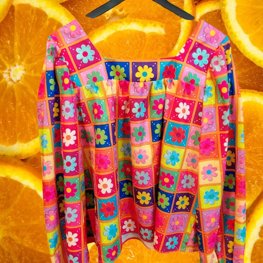 Vibrant Floral Patchwork Square Neck‎ Long Sleeve Blouse Top Colorful Retro - Picture 5 of 8